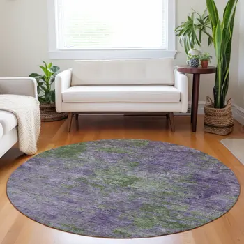 8' Purple And Green Round Abstract Washable Indoor Outdoor Area Rug