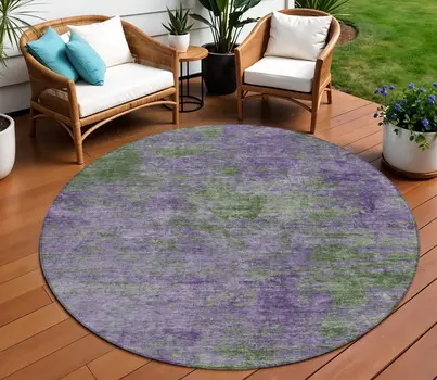 8' Purple And Green Round Abstract Washable Indoor Outdoor Area Rug