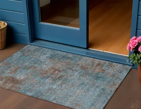 3' X 5' Teal Blue And Brown Abstract Washable Indoor Outdoor Area Rug