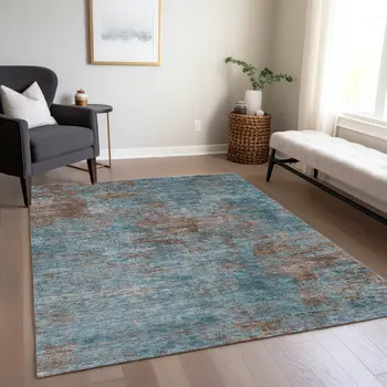 3' X 5' Teal Blue And Brown Abstract Washable Indoor Outdoor Area Rug