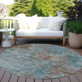8' Teal Blue And Brown Round Abstract Washable Indoor Outdoor Area Rug