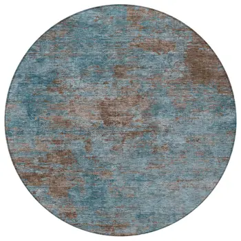 8' Teal Blue And Brown Round Abstract Washable Indoor Outdoor Area Rug