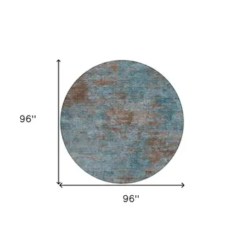 8' Teal Blue And Brown Round Abstract Washable Indoor Outdoor Area Rug