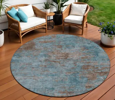 8' Teal Blue And Brown Round Abstract Washable Indoor Outdoor Area Rug