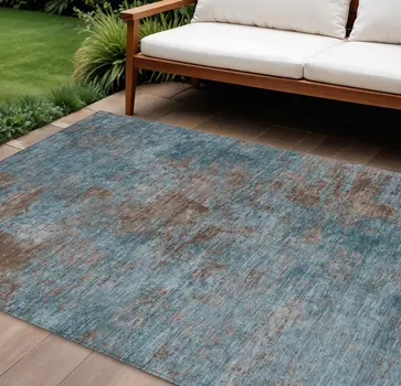 9' X 12' Teal Blue And Brown Abstract Washable Indoor Outdoor Area Rug