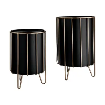 Set of Two Black Metal 20 Ounce Round Pot Planters