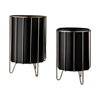 Set of Two Black Metal 20 Ounce Round Pot Planters