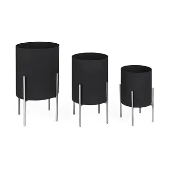 Set of Two Black Metal 20 Ounce Round Pot Planters