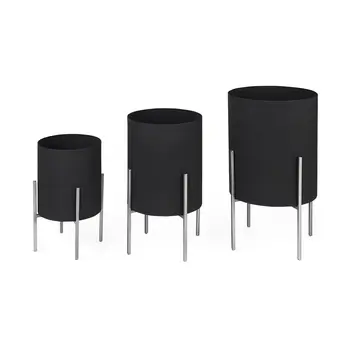 Set of Two Black Metal 20 Ounce Round Pot Planters