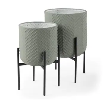 Set of Two Black Metal 20 Ounce Round Pot Planters