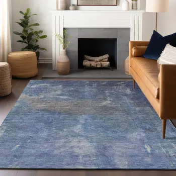 5' X 8' Blue And Denim Blue Abstract Washable Indoor Outdoor Area Rug