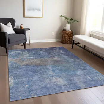 5' X 8' Blue And Denim Blue Abstract Washable Indoor Outdoor Area Rug