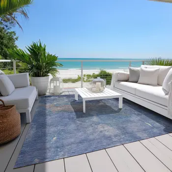 5' X 8' Blue And Denim Blue Abstract Washable Indoor Outdoor Area Rug