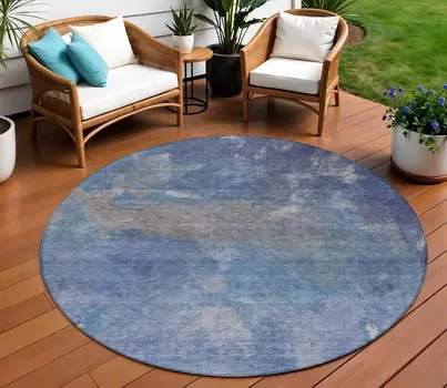 8' Blue And Denim Blue Round Abstract Washable Indoor Outdoor Area Rug