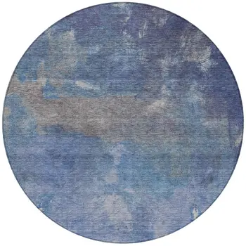 8' Blue And Denim Blue Round Abstract Washable Indoor Outdoor Area Rug