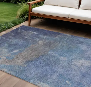 8' X 10' Blue And Denim Blue Abstract Washable Indoor Outdoor Area Rug