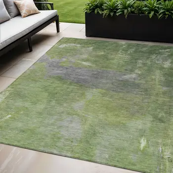 5' X 8' Green And Olive Green Abstract Washable Indoor Outdoor Area Rug