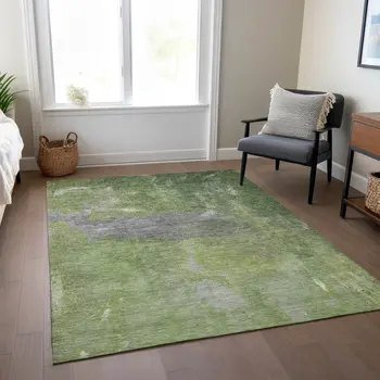 5' X 8' Green And Olive Green Abstract Washable Indoor Outdoor Area Rug