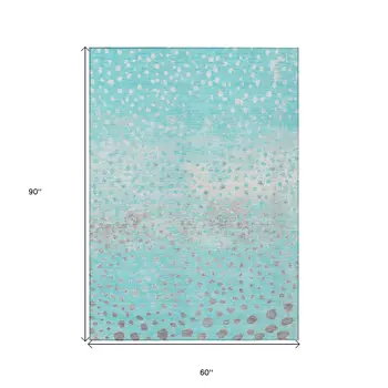 5' X 8' Aqua And Teal Blue Abstract Washable Indoor Outdoor Area Rug