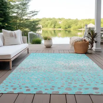 5' X 8' Aqua And Teal Blue Abstract Washable Indoor Outdoor Area Rug