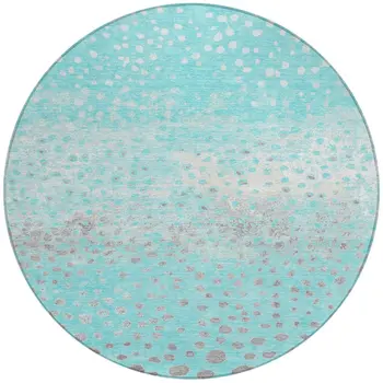 8' Aqua And Teal Blue Round Abstract Washable Indoor Outdoor Area Rug