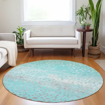 8' Aqua And Teal Blue Round Abstract Washable Indoor Outdoor Area Rug