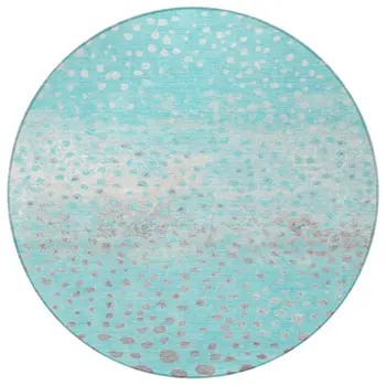 8' Aqua And Teal Blue Round Abstract Washable Indoor Outdoor Area Rug