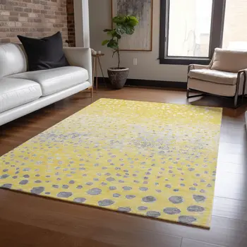 3' X 5' Yellow And Gold Abstract Washable Indoor Outdoor Area Rug