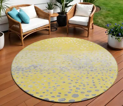 8' Yellow And Gold Round Abstract Washable Indoor Outdoor Area Rug