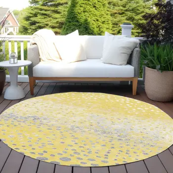 8' Yellow And Gold Round Abstract Washable Indoor Outdoor Area Rug