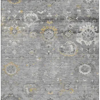 3' X 5' Gray And Silver Floral Washable Indoor Outdoor Area Rug