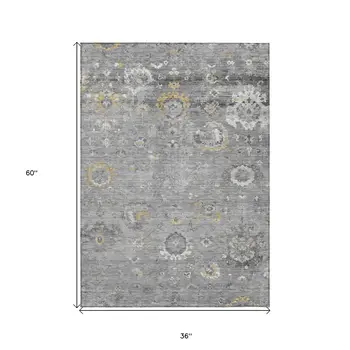 3' X 5' Gray And Silver Floral Washable Indoor Outdoor Area Rug