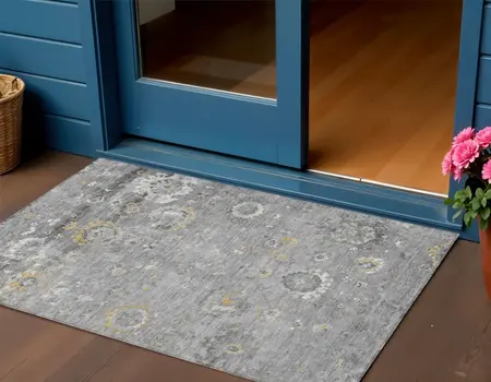 3' X 5' Gray And Silver Floral Washable Indoor Outdoor Area Rug
