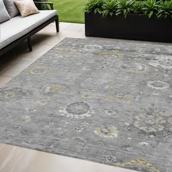 5' X 8' Gray And Silver Floral Washable Indoor Outdoor Area Rug