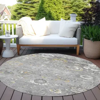 8' Gray And Silver Round Floral Washable Indoor Outdoor Area Rug
