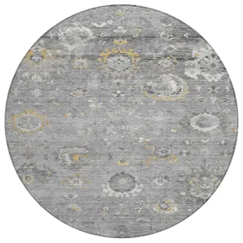 8' Gray And Silver Round Floral Washable Indoor Outdoor Area Rug
