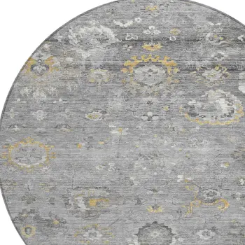8' Gray And Silver Round Floral Washable Indoor Outdoor Area Rug