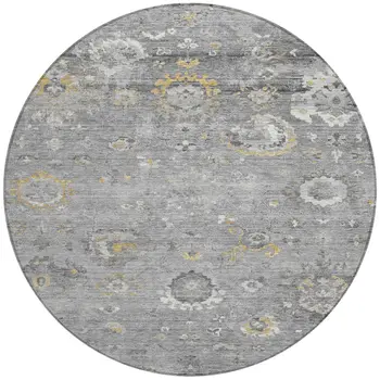 8' Gray And Silver Round Floral Washable Indoor Outdoor Area Rug
