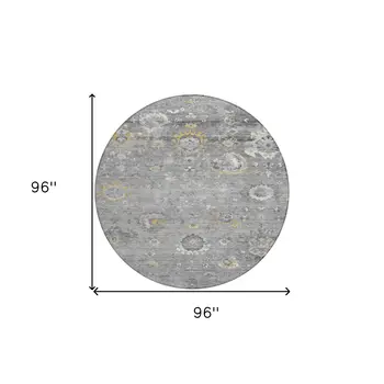 8' Gray And Silver Round Floral Washable Indoor Outdoor Area Rug
