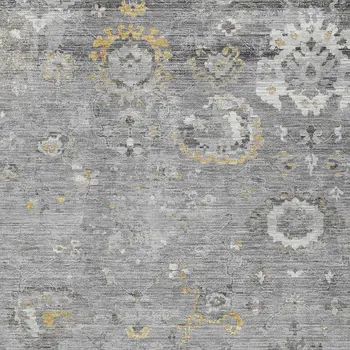 9' X 12' Gray And Silver Floral Washable Indoor Outdoor Area Rug