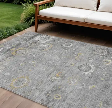 10' X 14' Gray And Silver Floral Washable Indoor Outdoor Area Rug