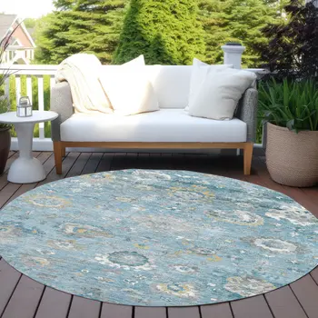 8' Teal Blue And Aqua Round Floral Washable Indoor Outdoor Area Rug