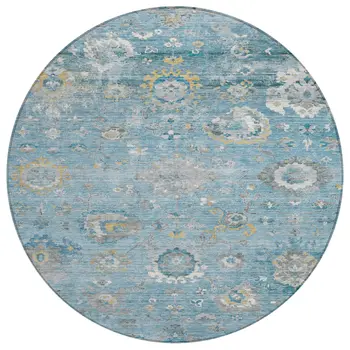 8' Teal Blue And Aqua Round Floral Washable Indoor Outdoor Area Rug