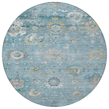8' Teal Blue And Aqua Round Floral Washable Indoor Outdoor Area Rug