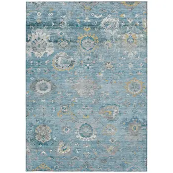 9' X 12' Teal Blue And Aqua Floral Washable Indoor Outdoor Area Rug