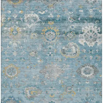 10' X 14' Teal Blue And Aqua Floral Washable Indoor Outdoor Area Rug