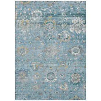10' X 14' Teal Blue And Aqua Floral Washable Indoor Outdoor Area Rug