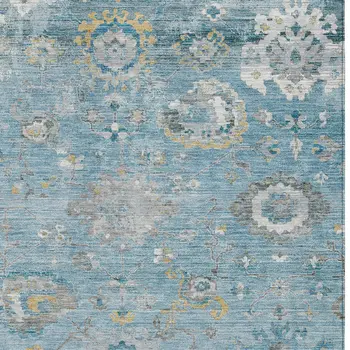 10' X 14' Teal Blue And Aqua Floral Washable Indoor Outdoor Area Rug