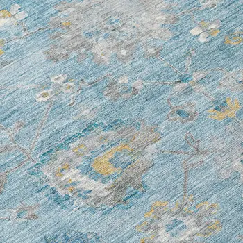 10' X 14' Teal Blue And Aqua Floral Washable Indoor Outdoor Area Rug