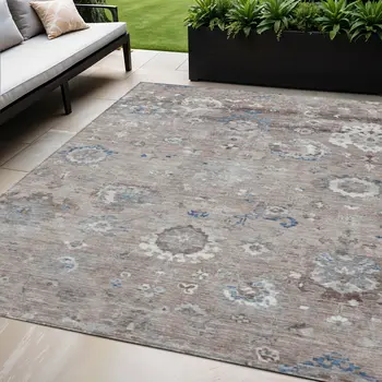 5' X 8' Taupe And Brown Floral Washable Indoor Outdoor Area Rug